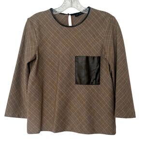 Zara Basic Plaid Brown Crew Neck 3/4 Sleeve Top Faux Leather Pocket Size XS